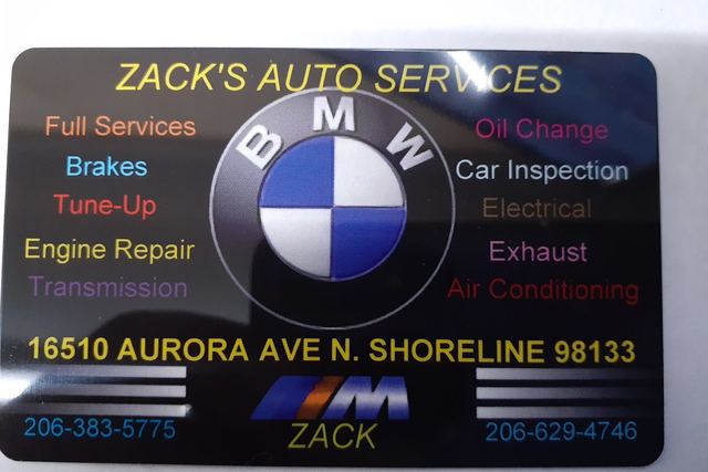 Zack's Auto Service business card listing Full Services, Brakes, Tune-Up, Engine Repair, Transmission, Oil Change, Car Inspection, Electrical, Exhaust and Air Conditioning, with the address 16510 Aurora Ave N, Shoreline 98133.