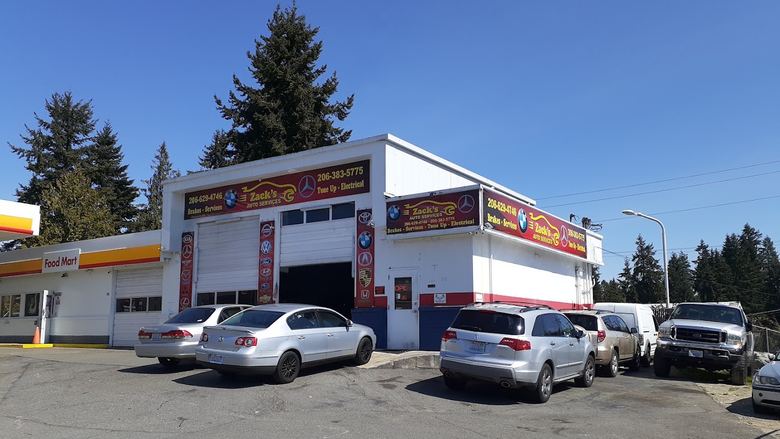 Zack's Auto Service on Aurora Ave N in Shoreline, Washington, with both service bays and the shop sign.